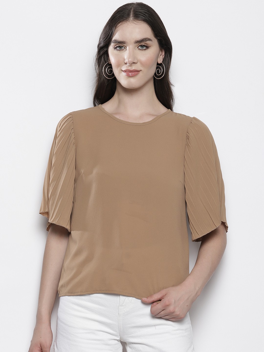 

Boohoo Pleated Flutter Sleeve Top, Brown