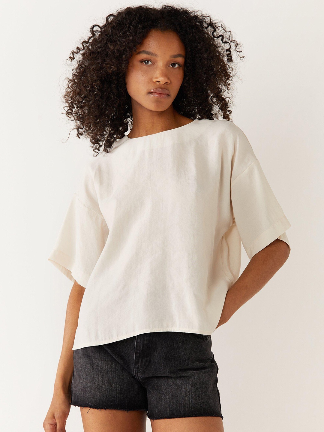 

WAREHOUSE Textured Drop-Shoulder Sleeves Top, Off white