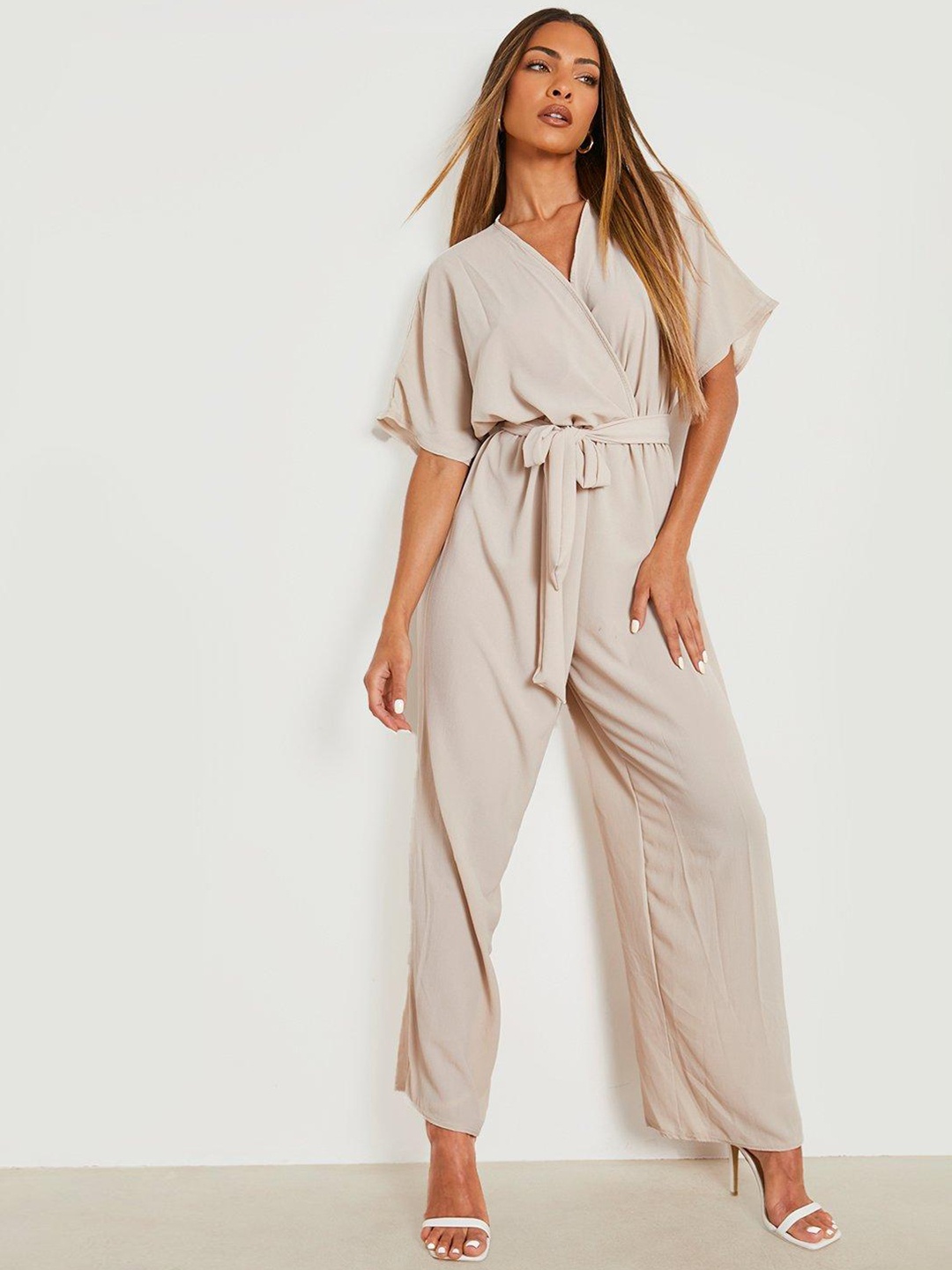 

Boohoo Basic Jumpsuit with Belt, Beige