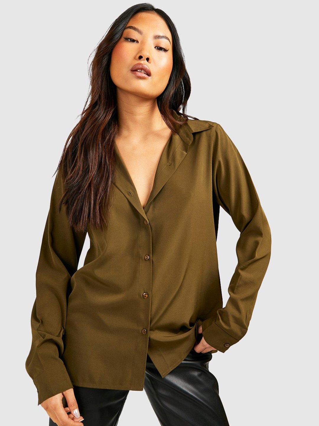 

Boohoo Petite Woven Casual Shirt, Olive