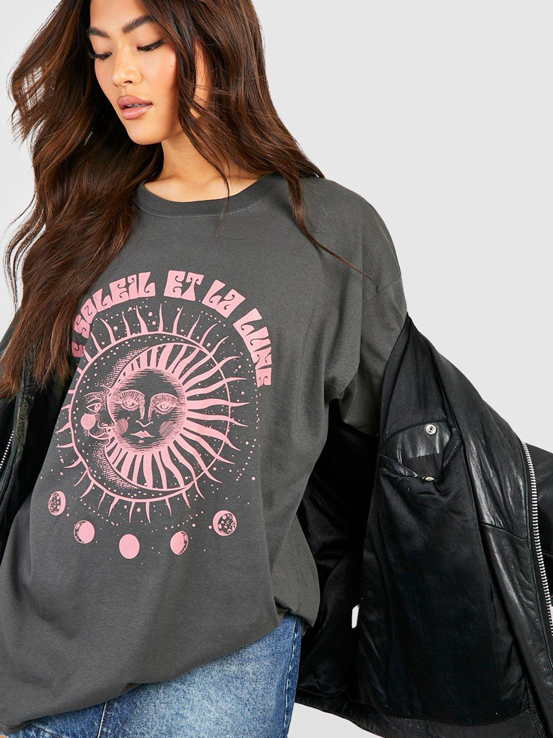 

Boohoo Women Printed Pure Cotton Oversized T-shirt, Charcoal