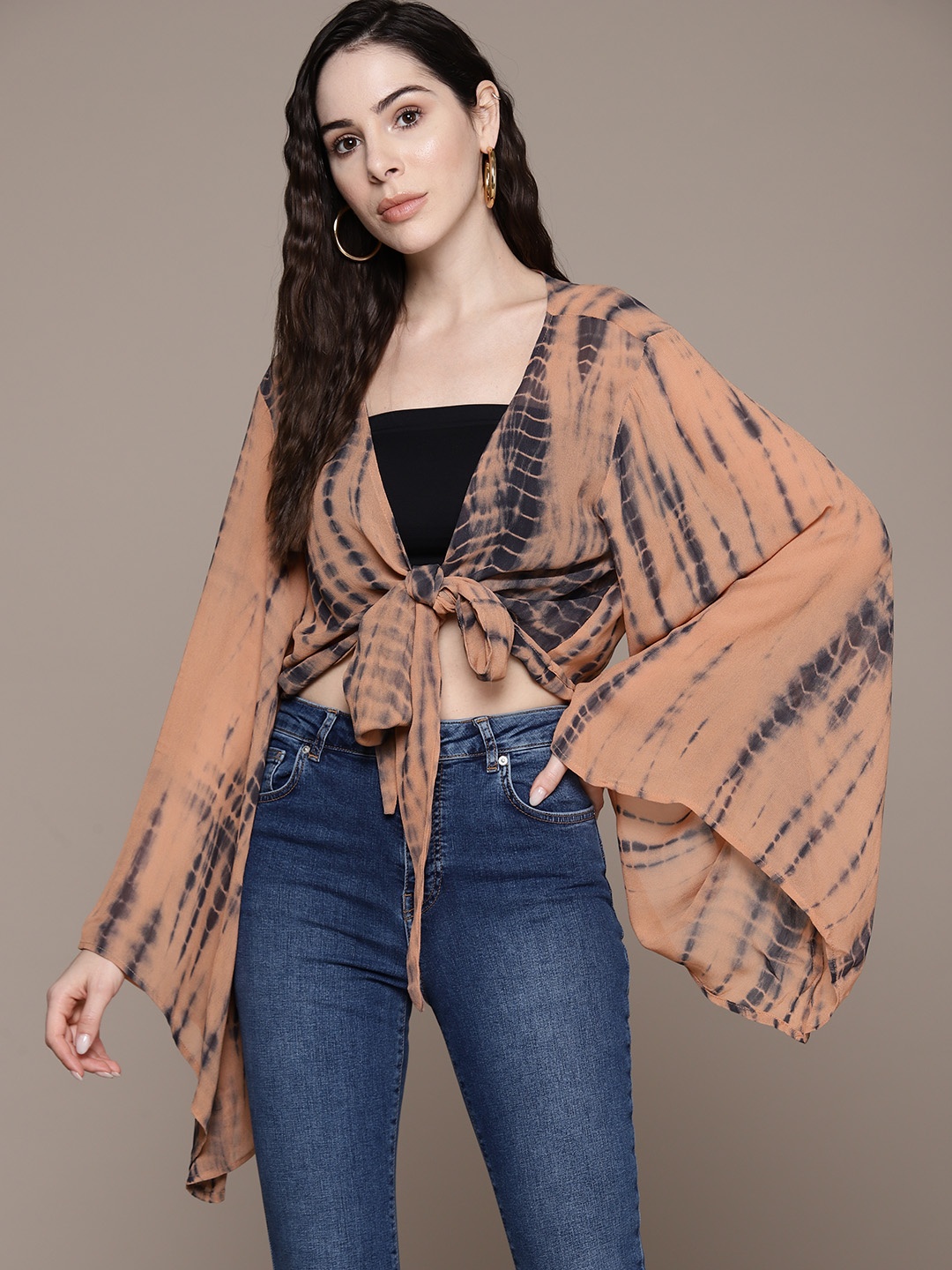 

WAREHOUSE Tie and Dye Flared Sleeve Wrap Crop Top, Brown