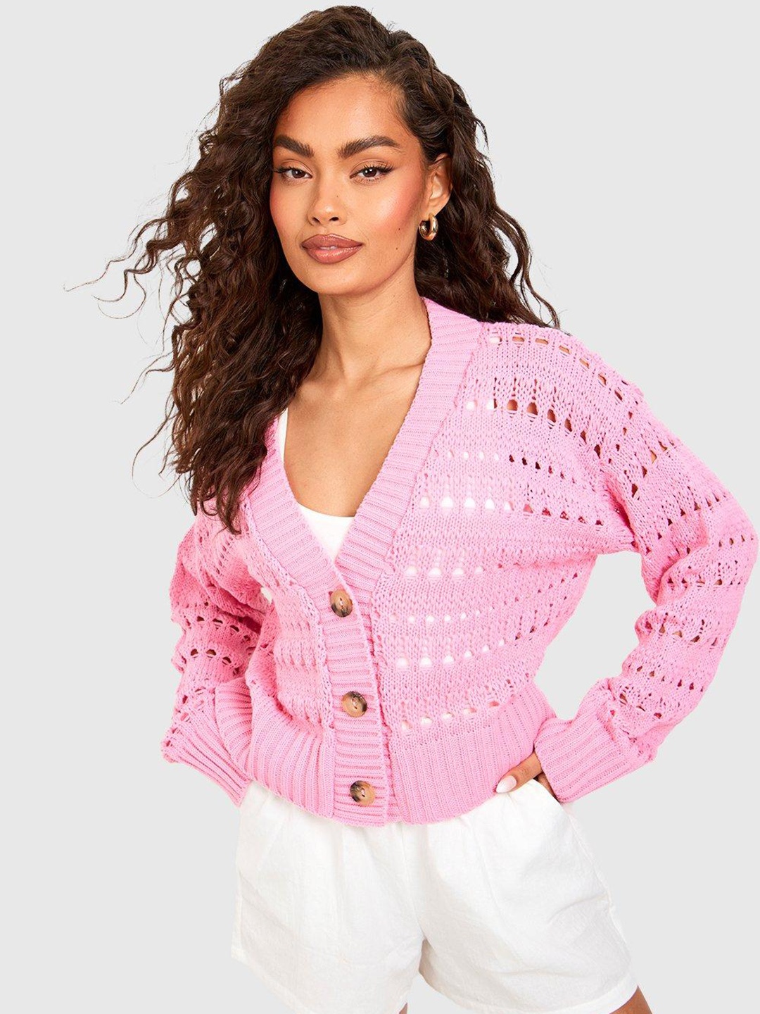 

Boohoo Women Acrylic Open Knit Cardigan, Pink