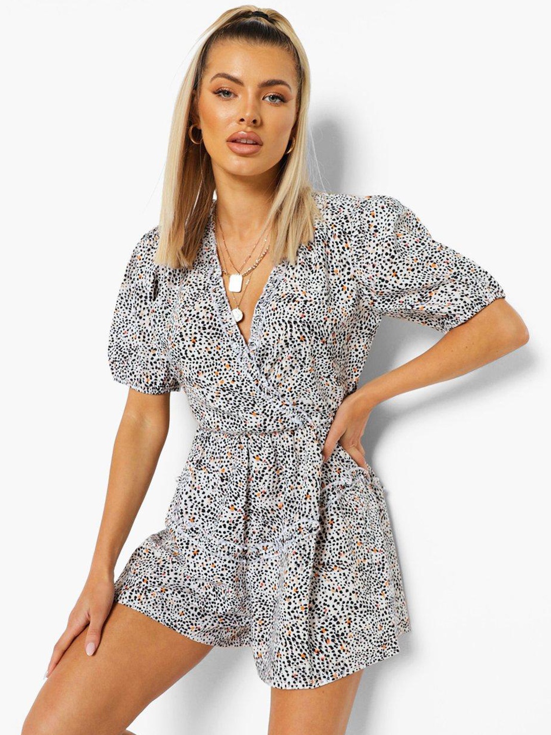

Boohoo Animal Printed Styled Back Playsuit, White