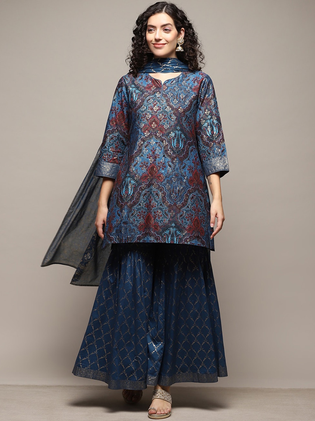 

Biba Ethnic Motifs Printed Thread Work Kurta with Sharara & Dupatta, Teal