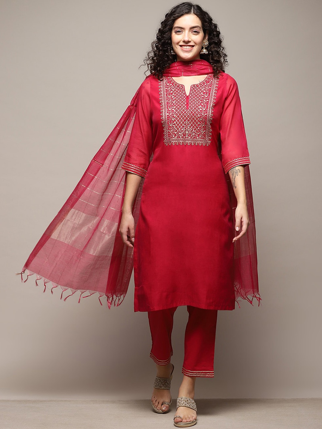

Biba Ethnic Motifs Yoke Design Thread Work Kurta with Trousers & Dupatta, Fuchsia