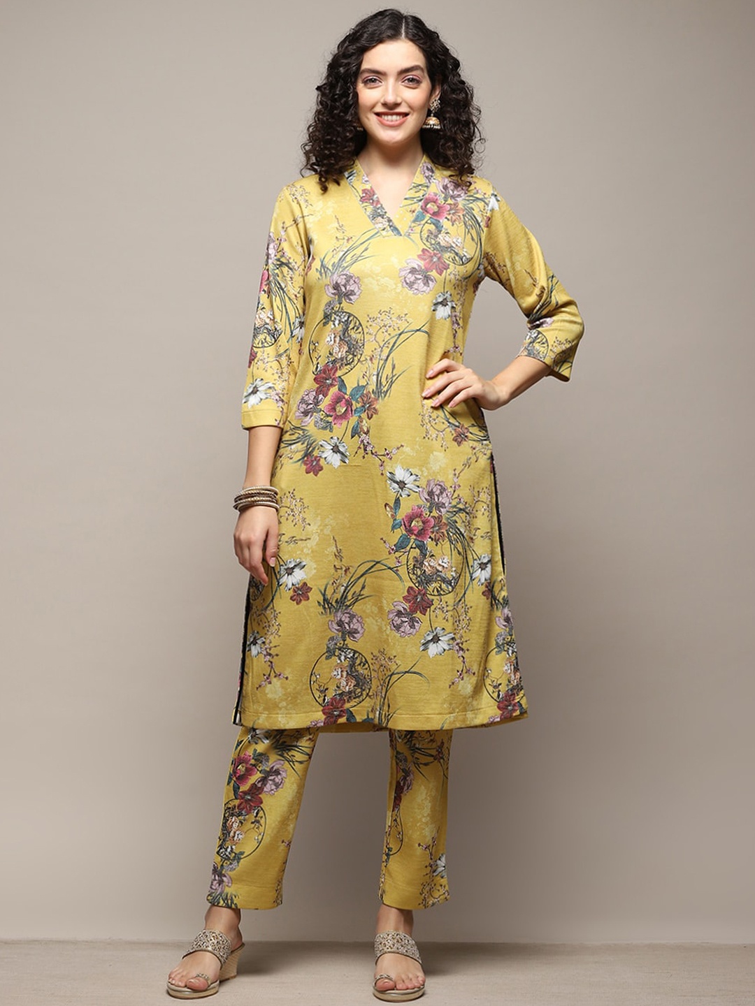 

Biba Women Yellow Floral Printed Regular Kurta with Trousers