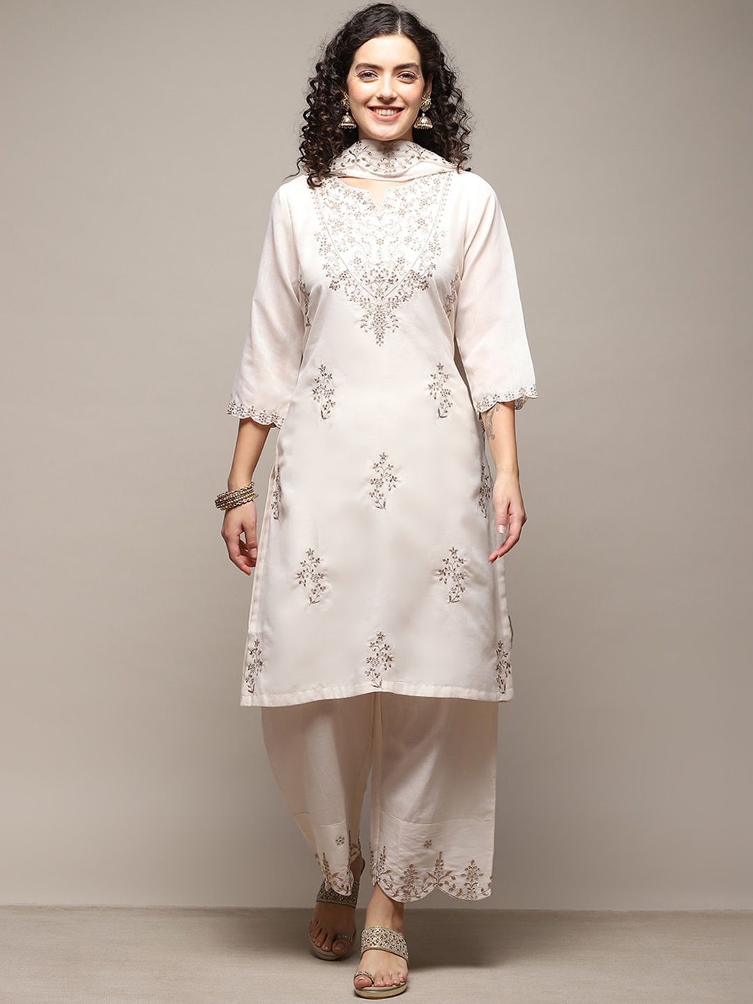 Biba Floral Embroidered Straight Kurta with Palazzos & Dupatta, Off white