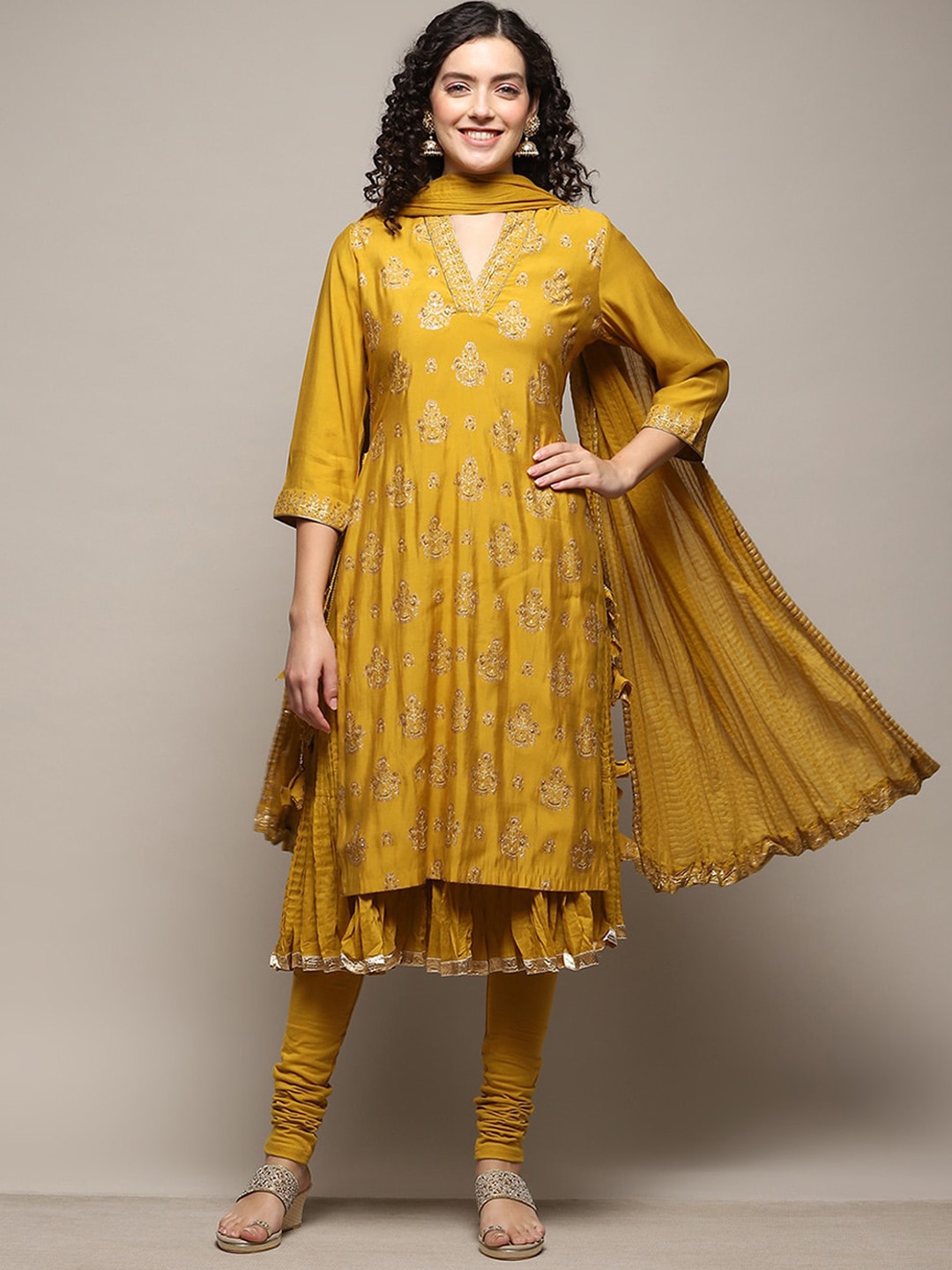 

Biba Ethnic Motifs Printed Regular Sequinned Kurta with Churidar & With Dupatta, Lime green