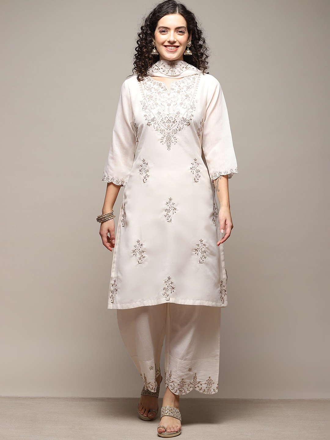 

Biba Floral Embroidered Regular Kurta with Palazzos & Dupatta, Off white