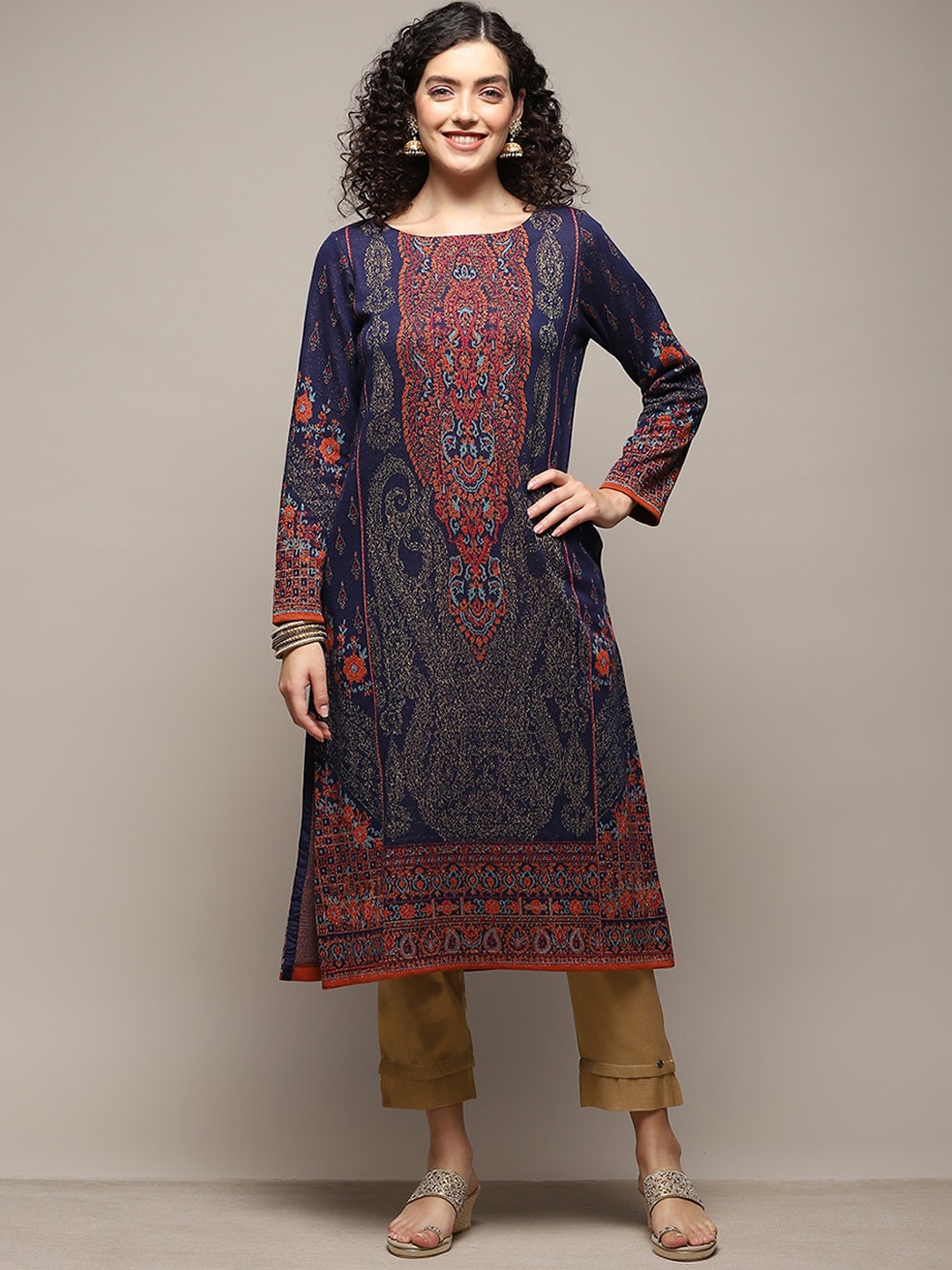 

Biba Ethnic Motifs Embroidered Kurta, Navy blue