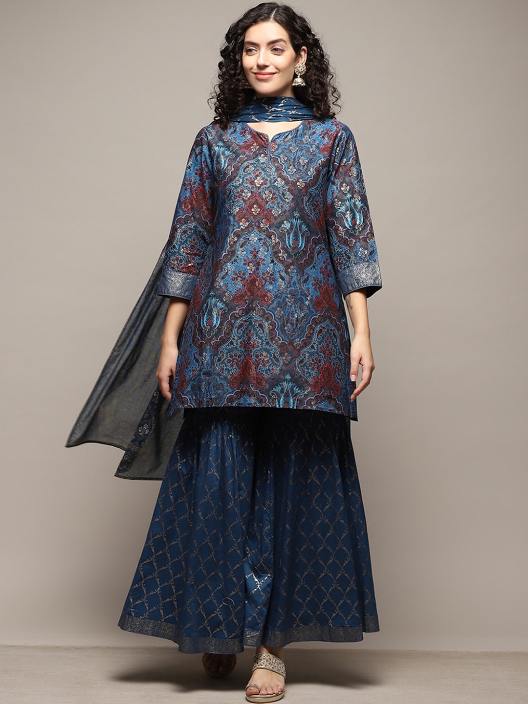 

Biba Ethnic Motifs Printed Regular Kurta with Sharara & Dupatta, Teal
