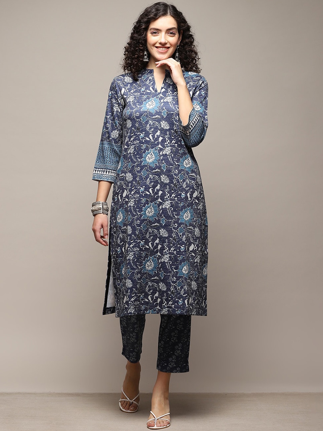 

Biba Floral Printed Band Collar Kurta with Trousers, Blue