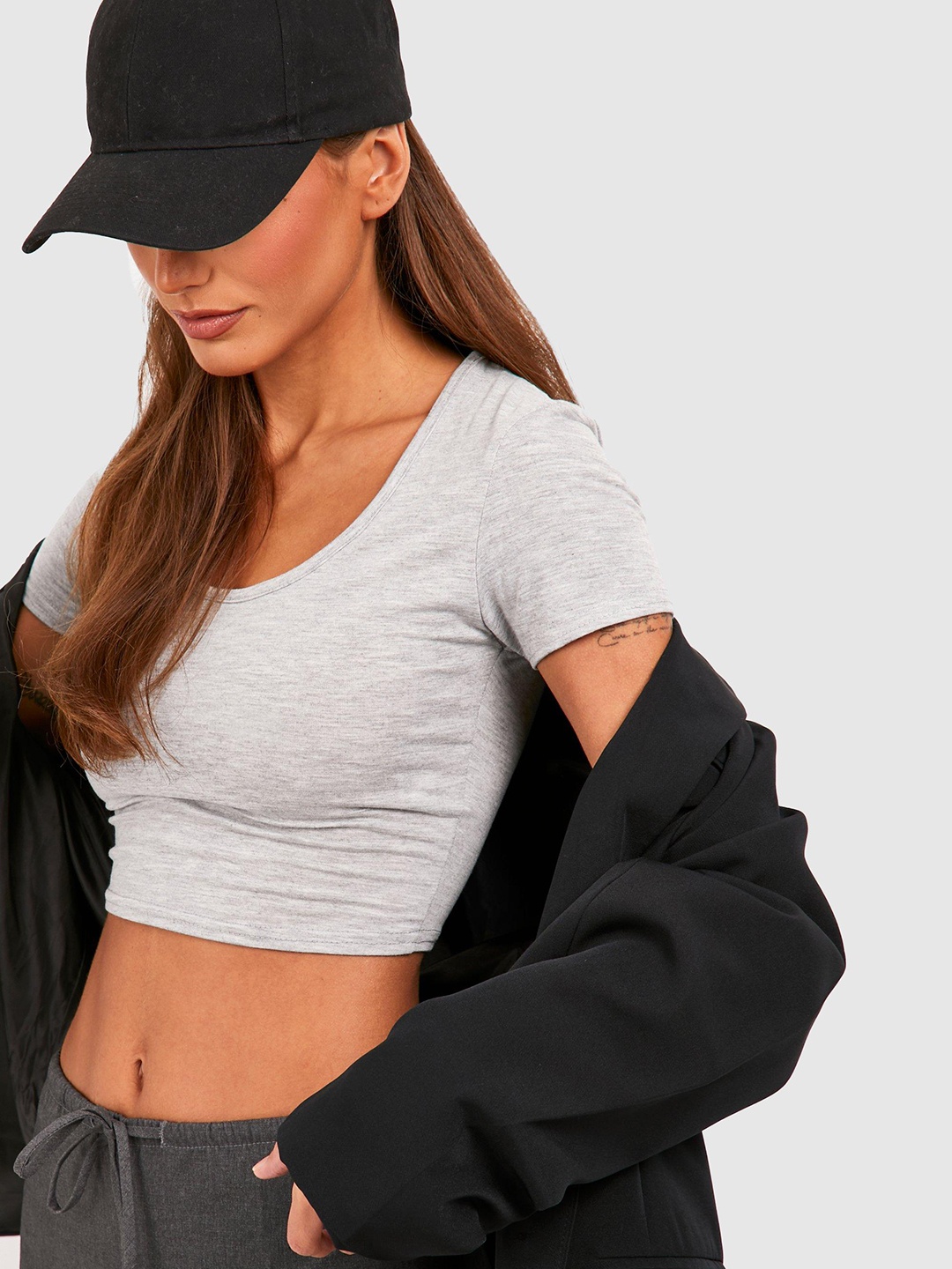 

Boohoo Scoop Neck Crop Top, Grey melange