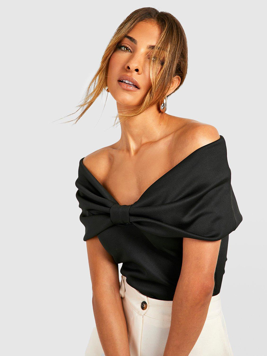 

Boohoo Bow Off-Shoulder Bodysuit, Black