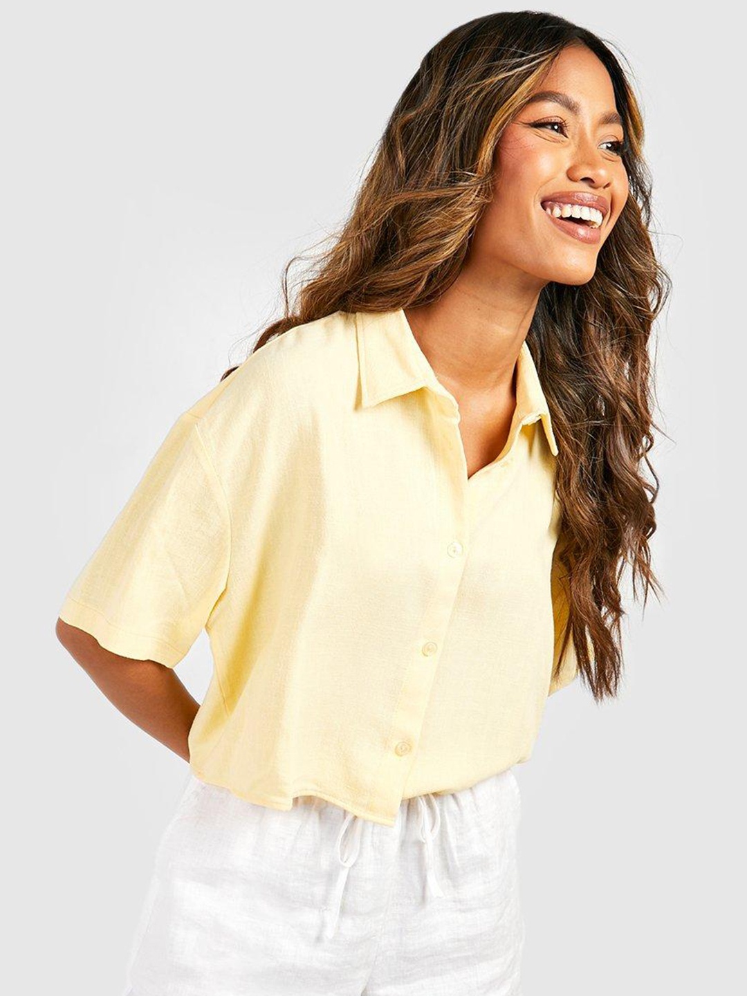 

Boohoo Women Boxy Crop Casual Shirt, Yellow