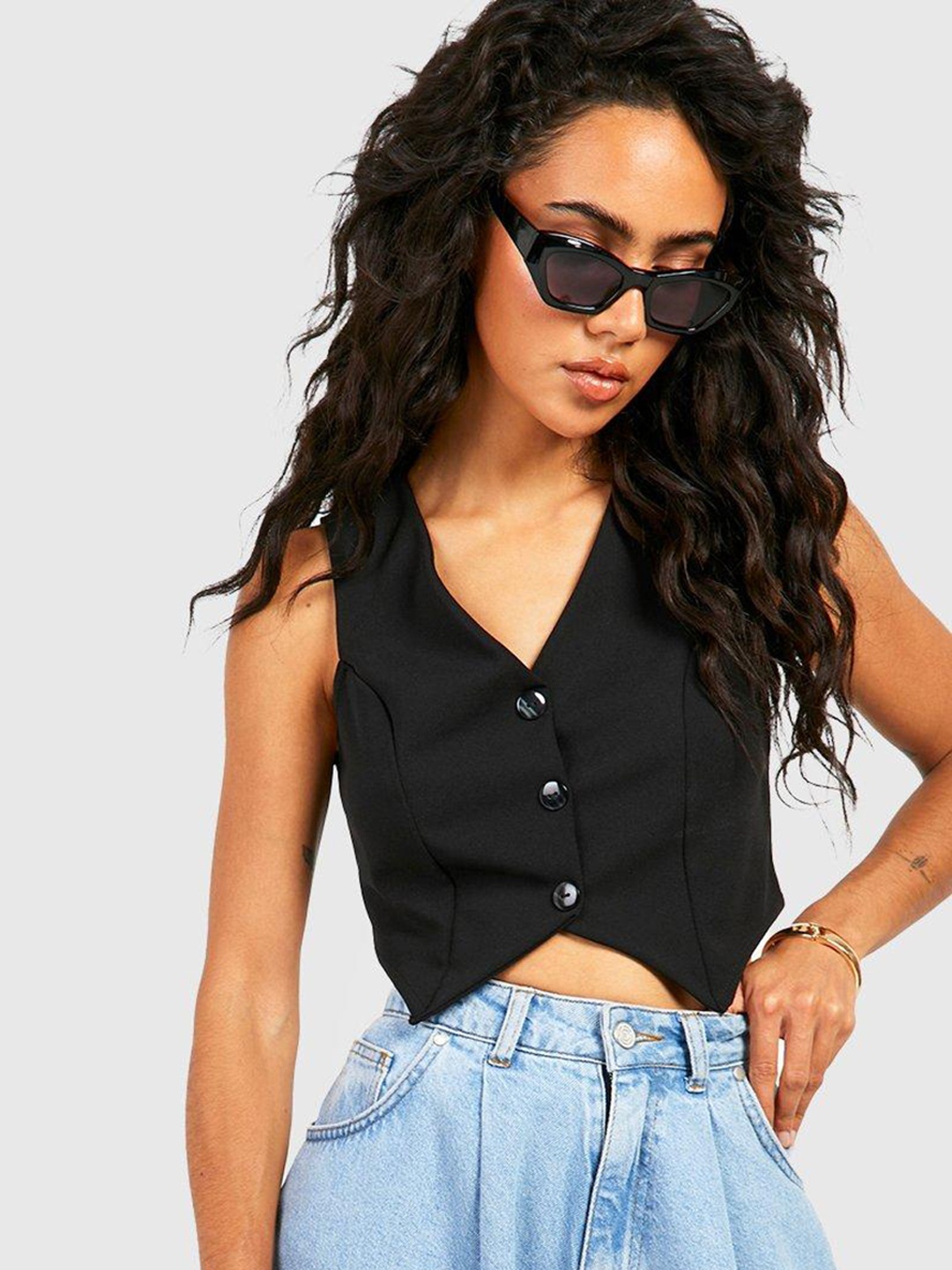 

Boohoo Waistcoat Crop Top, Black