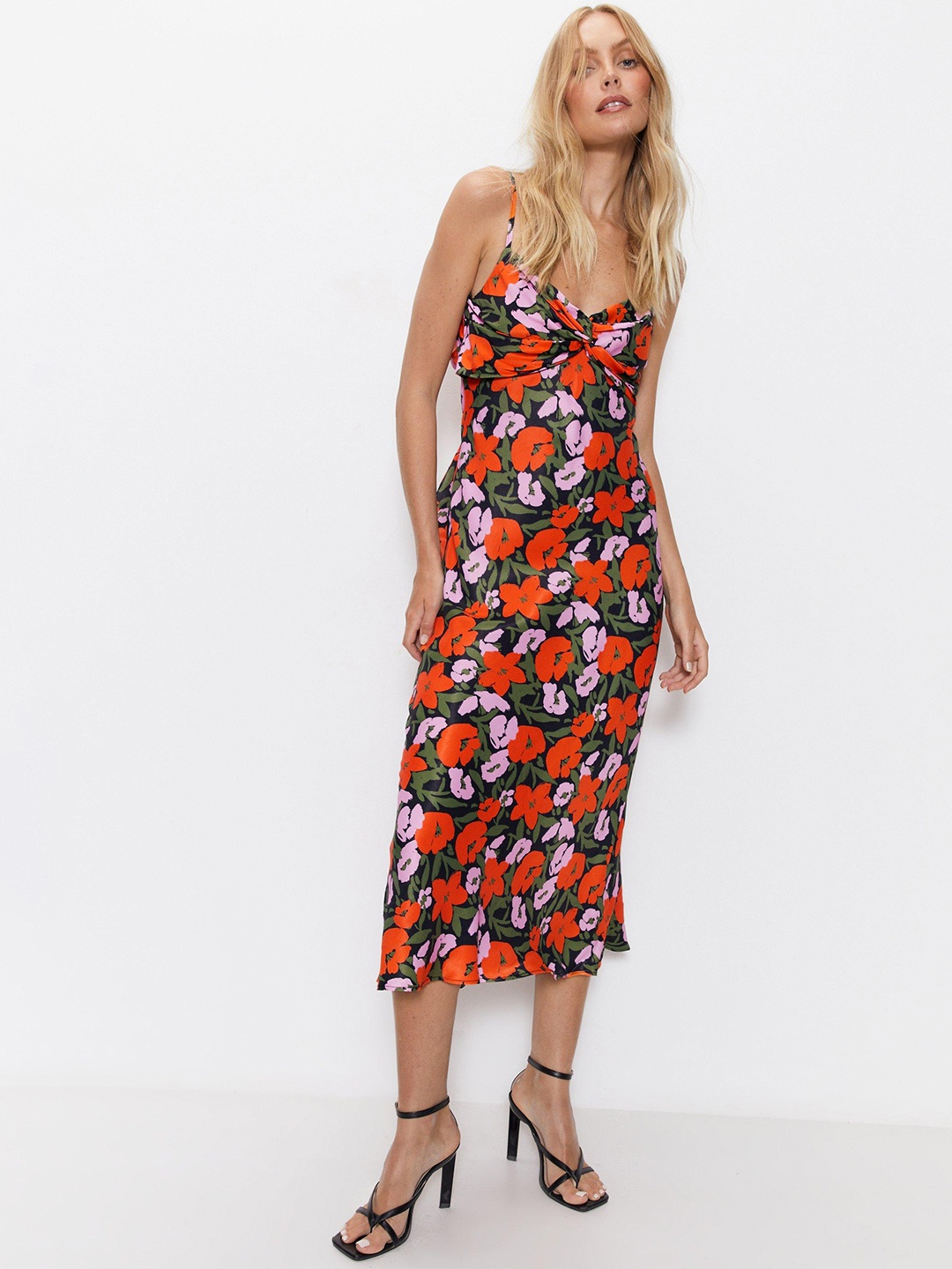 

WAREHOUSE Floral Print Satin A-Line Midi Dress, Black