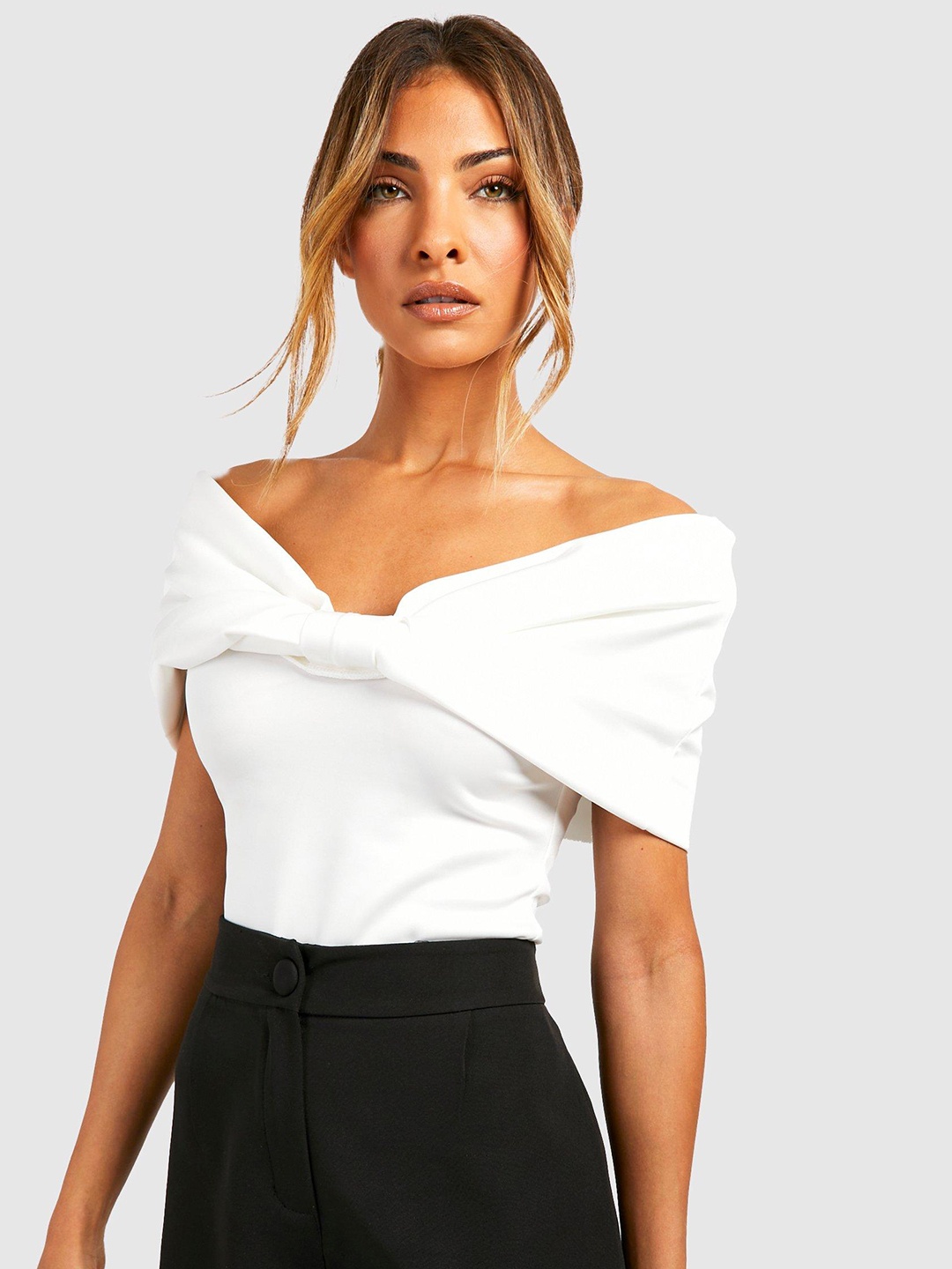 

Boohoo Bow Front Off-Shoulder Bodysuit, White