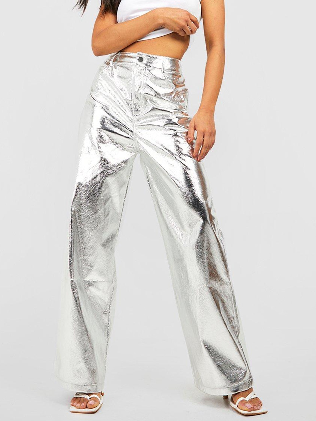 

Boohoo Women Petite Metallic Straight Leg Trouser, Silver