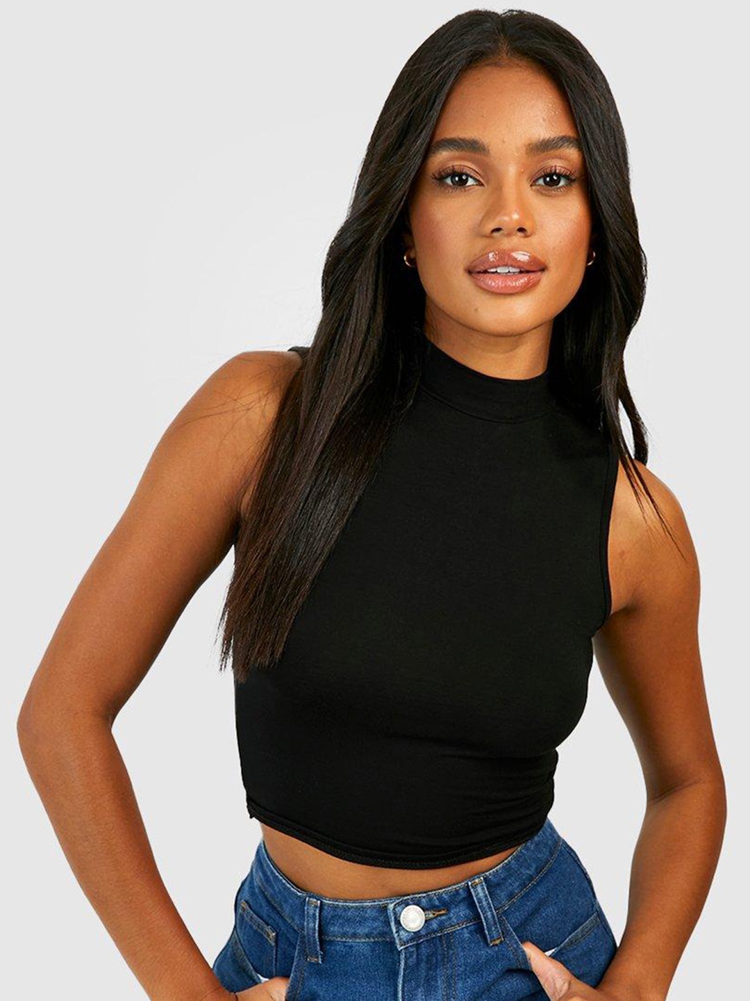 

Boohoo High Neck Crop Top, Black