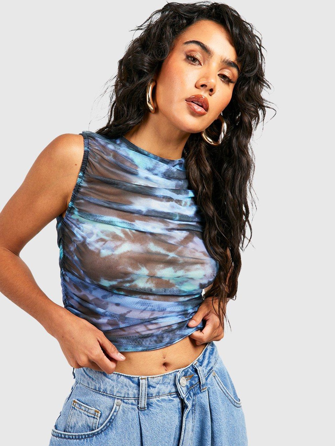 

Boohoo Dyed Ruched Crop Top, Blue