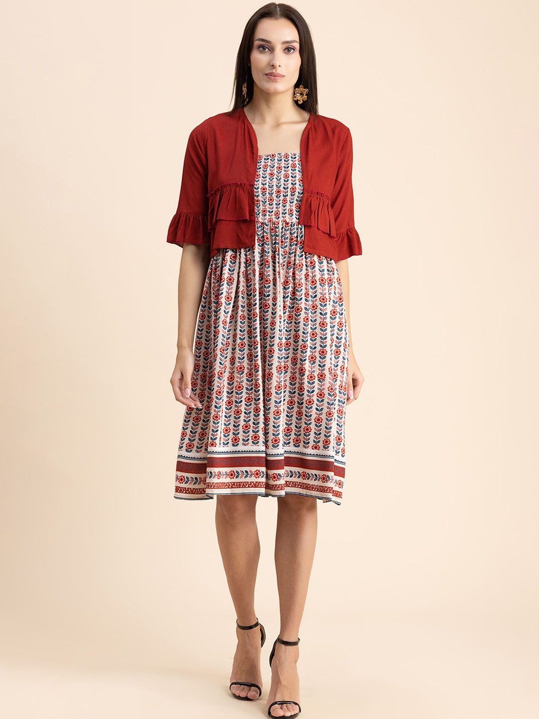 

Moomaya Floral Printed Shoulder Straps Smocked A-Line Dress With Shrug, Off white