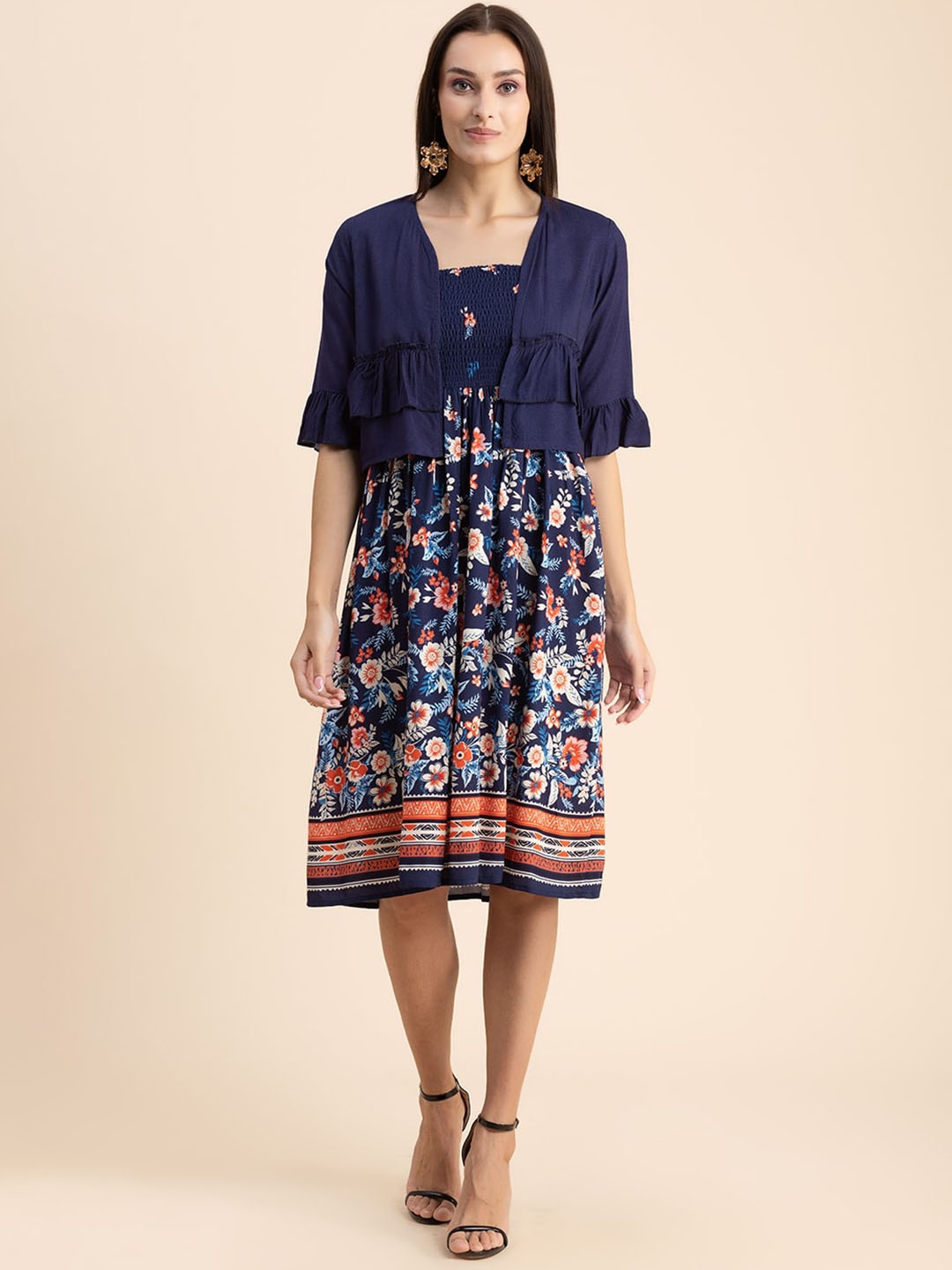 

Moomaya Floral Printed Smocked A-Line Dress With Shrug, Navy blue