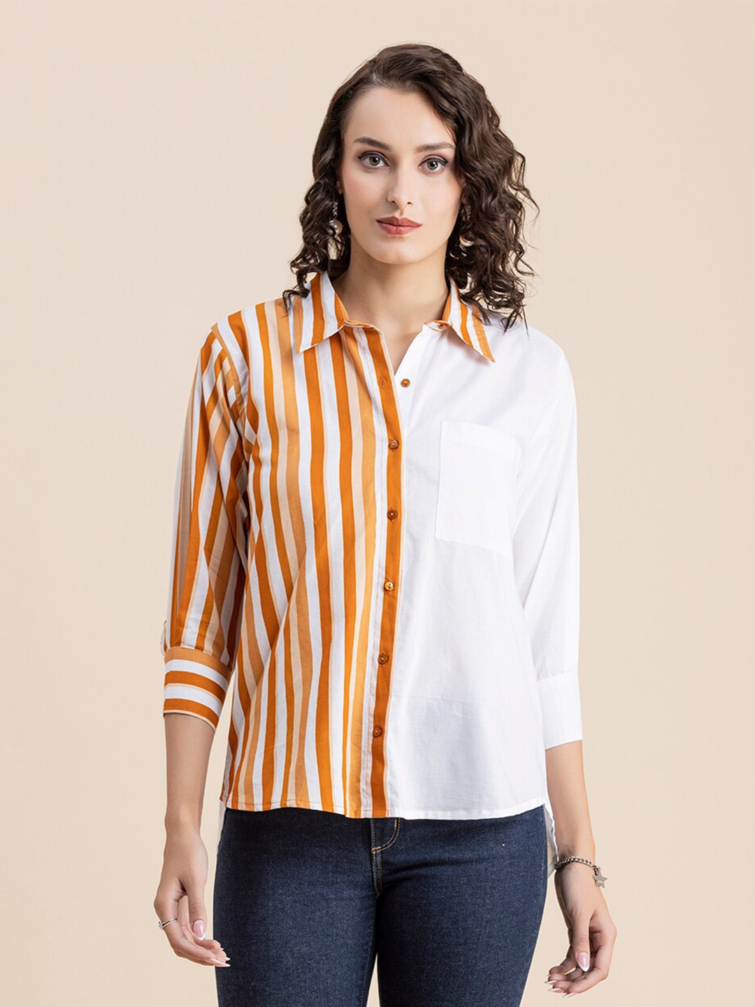 

Moomaya Vertical Striped Cotton Casual Shirt, Orange