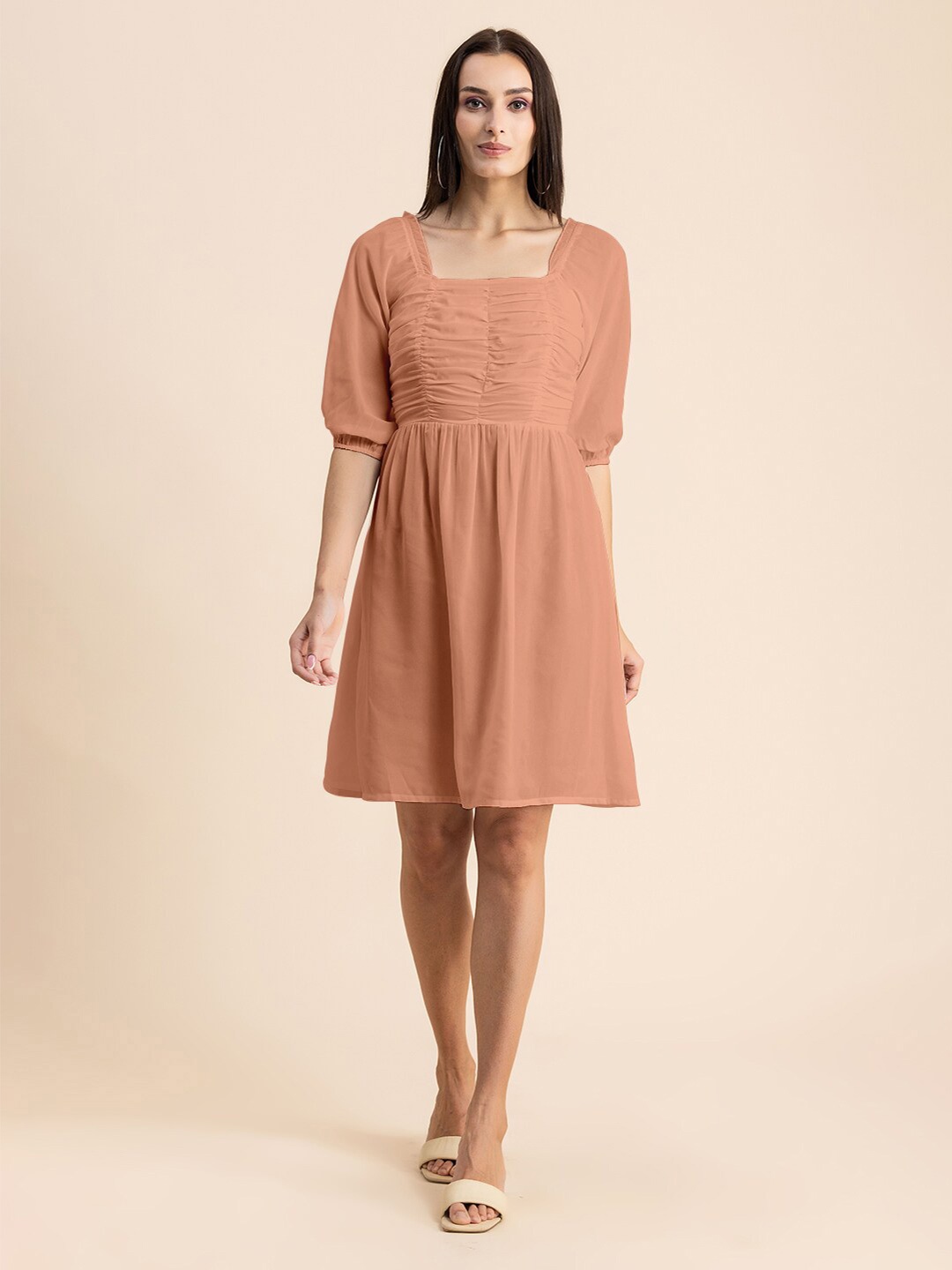 

Moomaya Puff Sleeves Ruched Smocked Georgette Fit & Flare Dress, Peach