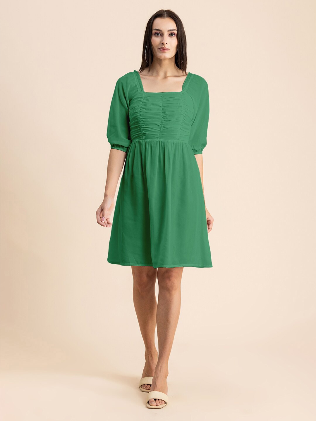 

Moomaya Puff Sleeves Ruched Smocked Georgette Fit & Flare Dress, Green