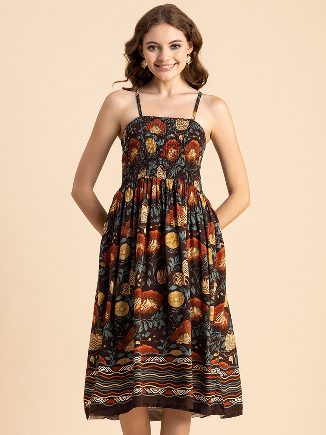 

Moomaya Floral Printed Smocked Fit & Flare Dress, Brown