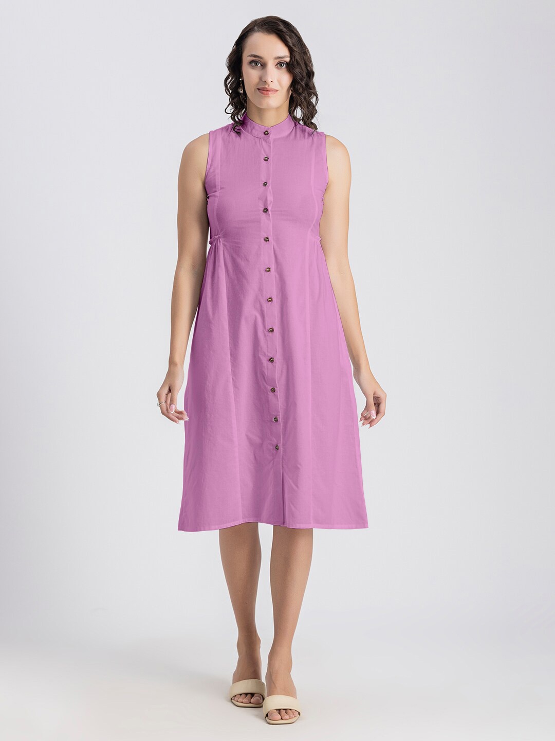 

Moomaya Band Collar Sleeveless Cotton Shirt Dress, Pink