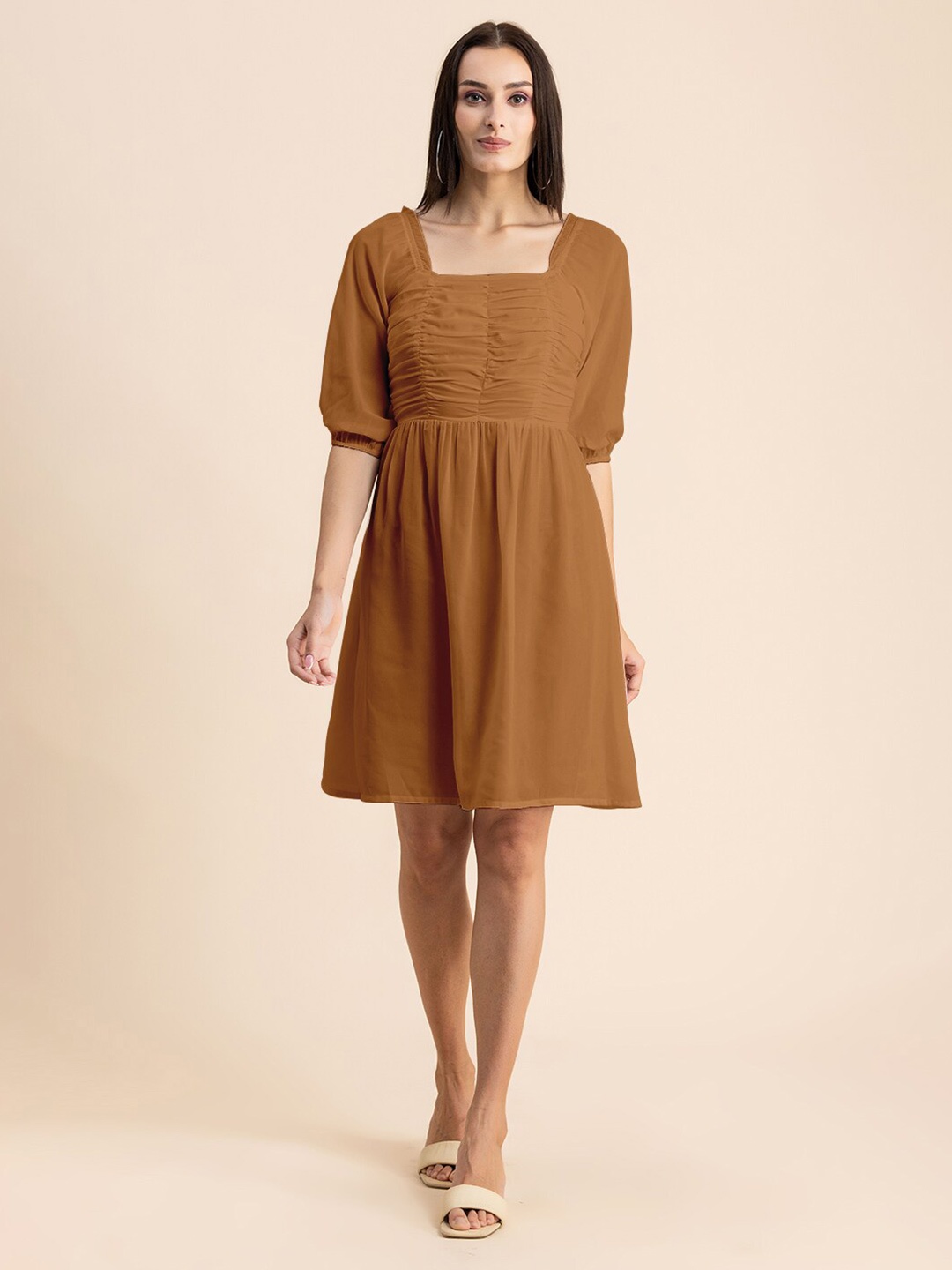 

Moomaya Square Neck Puff Sleeves Ruched Smocked Fit & Flare Dress, Mustard