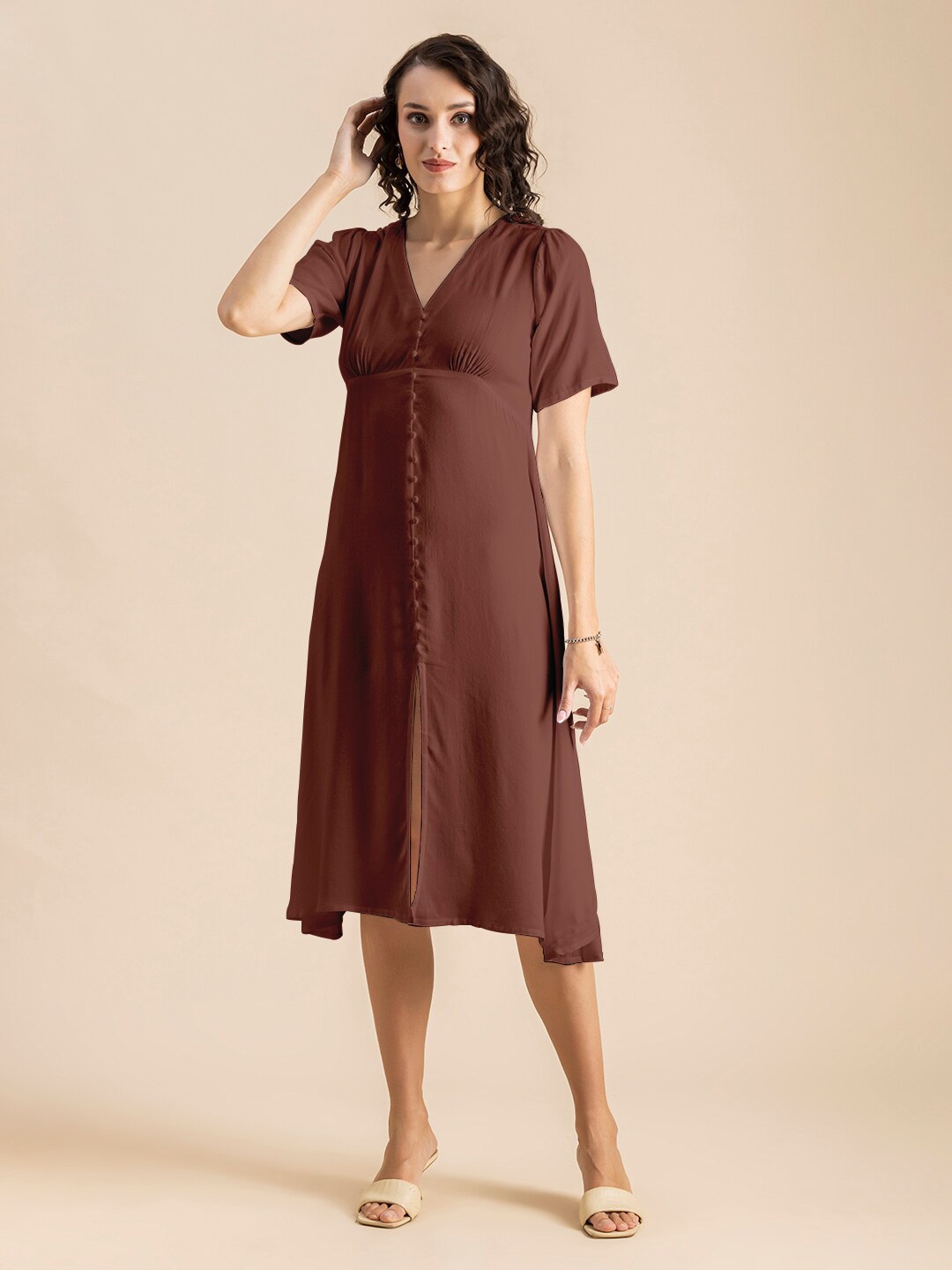 

Moomaya V-Neck Front Slit A-Line Midi Dress, Brown