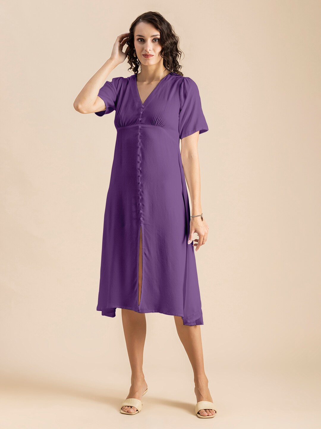 

Moomaya V-Neck Front Slit A-Line Midi Dress, Purple
