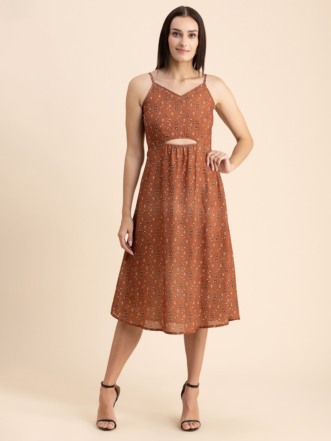 

Moomaya Floral Printed Cut-Out Detail Fit & Flare Midi Dress, Rust