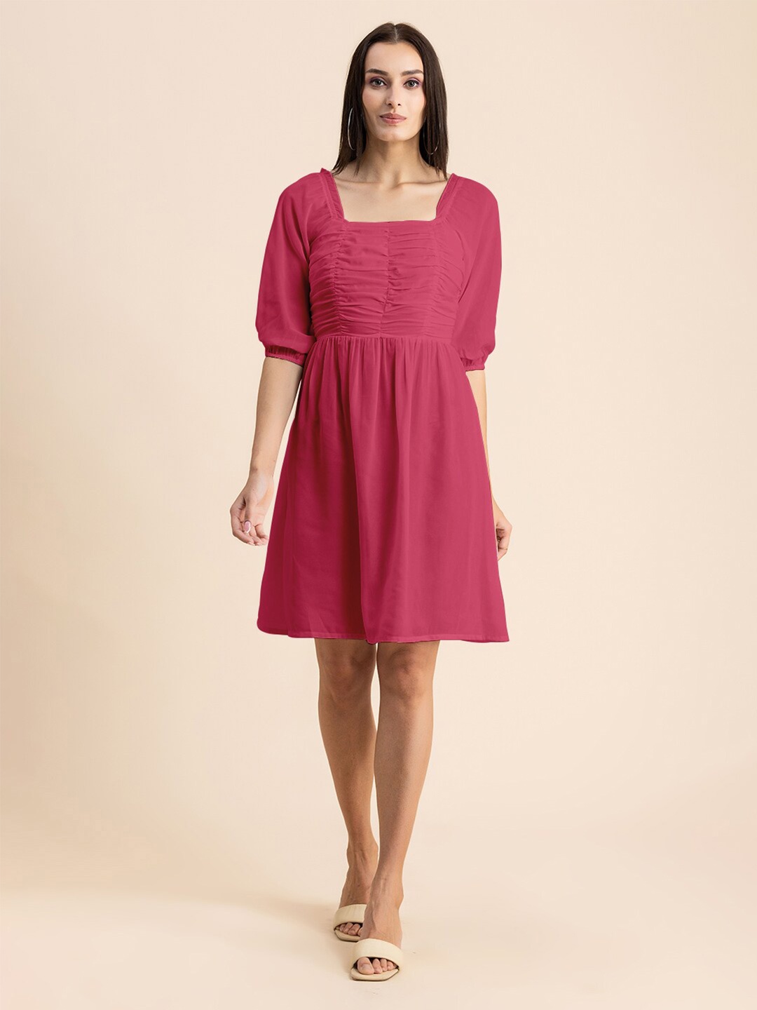 

Moomaya Square Neck Smocked Fit & Flare Dress, Pink