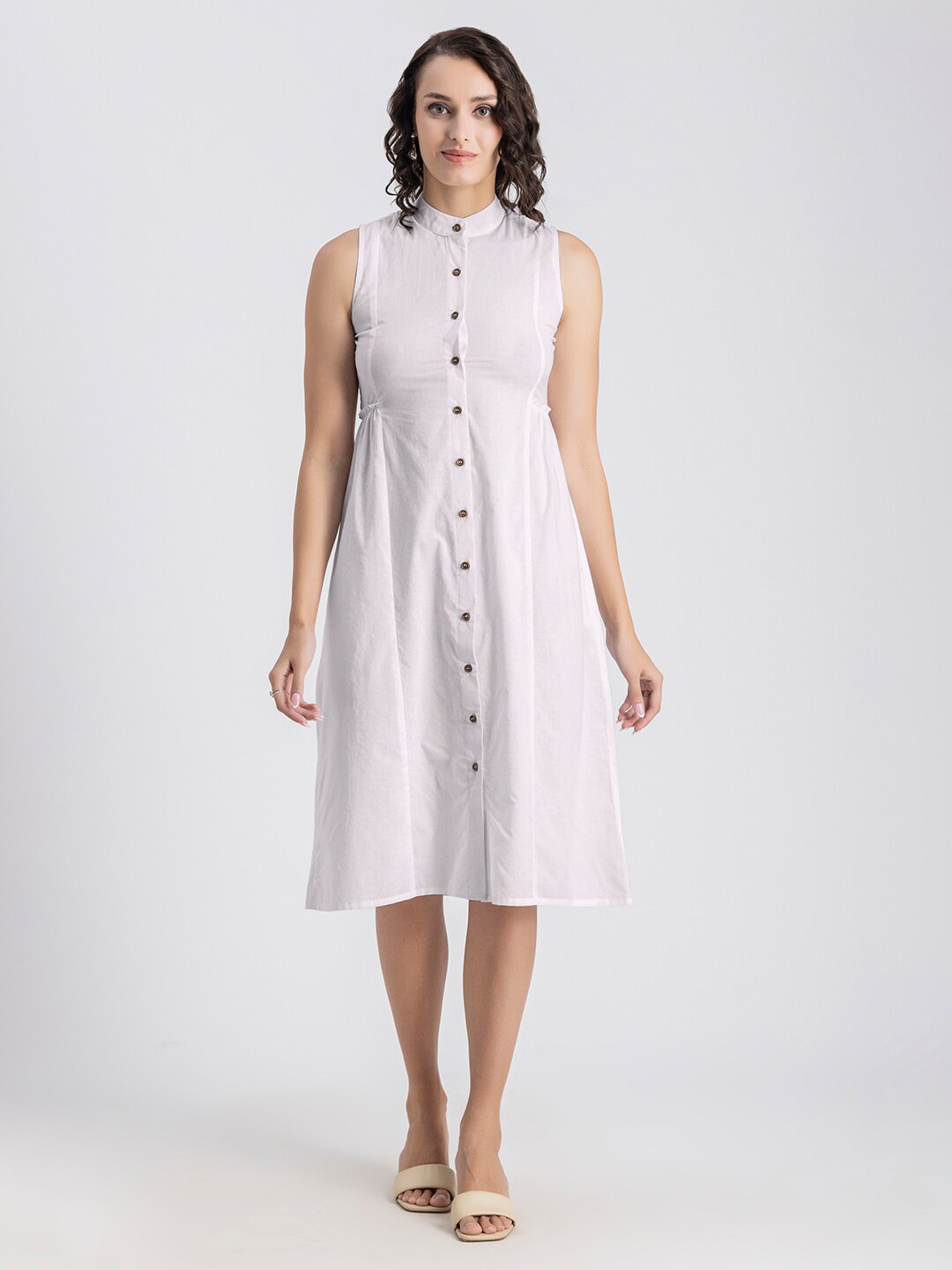 

Moomaya Mandarin Collar Cotton A-Line Midi Dress, White