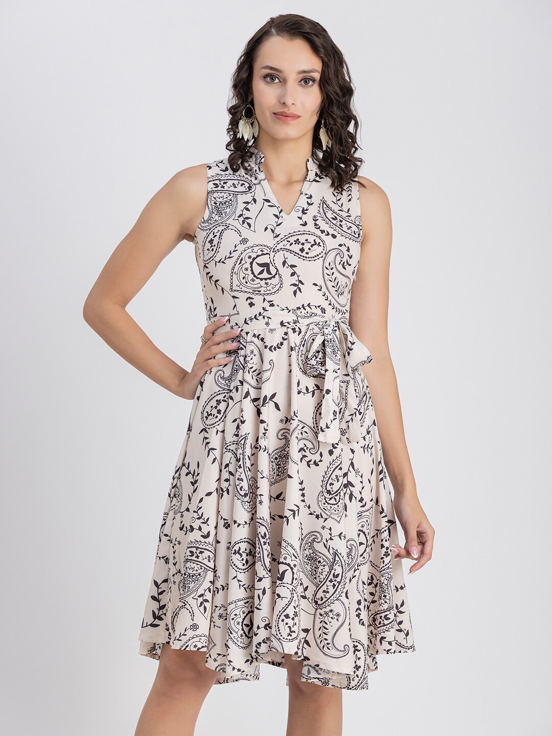 

Moomaya Ethnic Motifs Printed Fit & Flare Dress, Beige