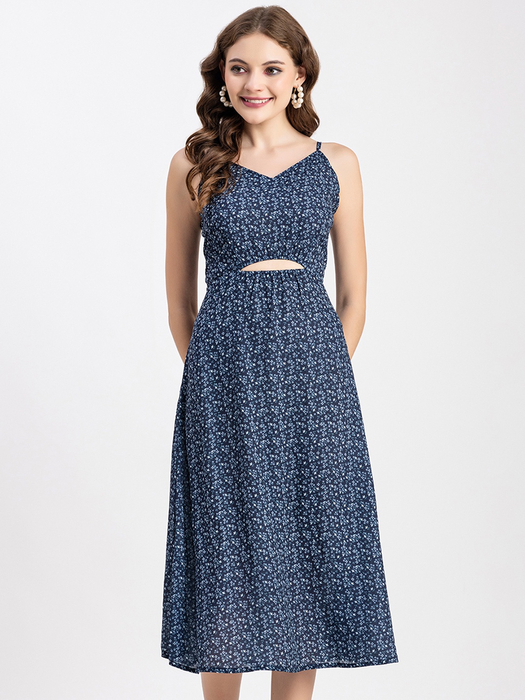 

Moomaya Floral Printed Cut-Outs Fit & Flare Midi Dress, Blue