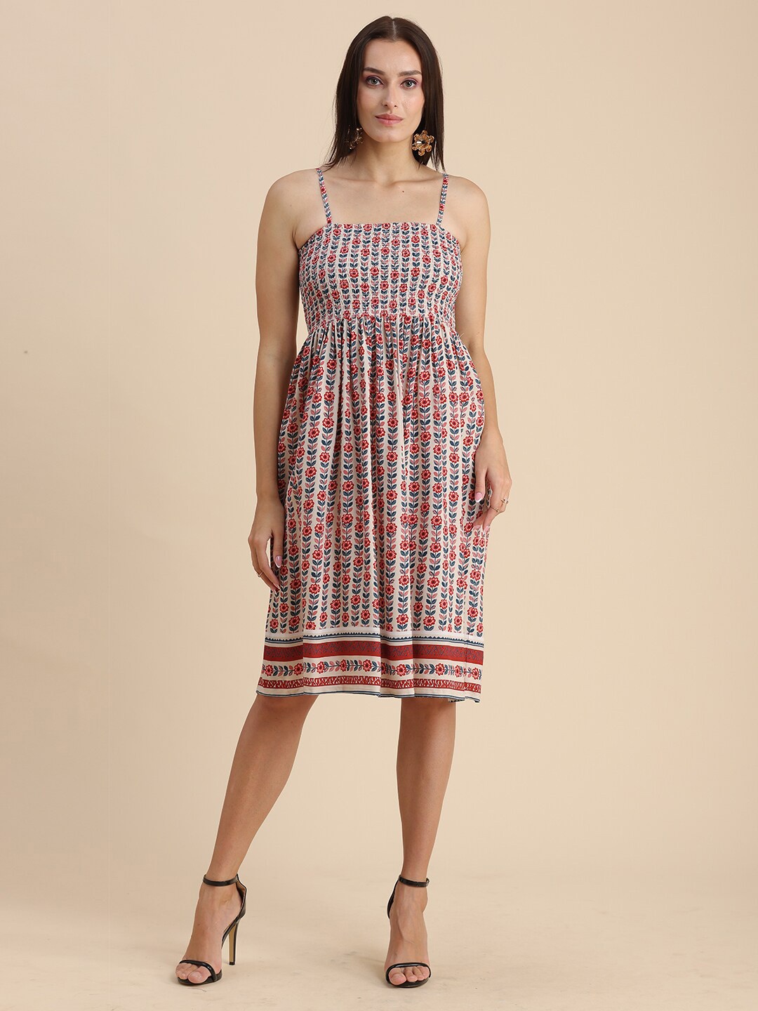 

Moomaya Floral Printed Smocked Fit & Flare Dress, Pink