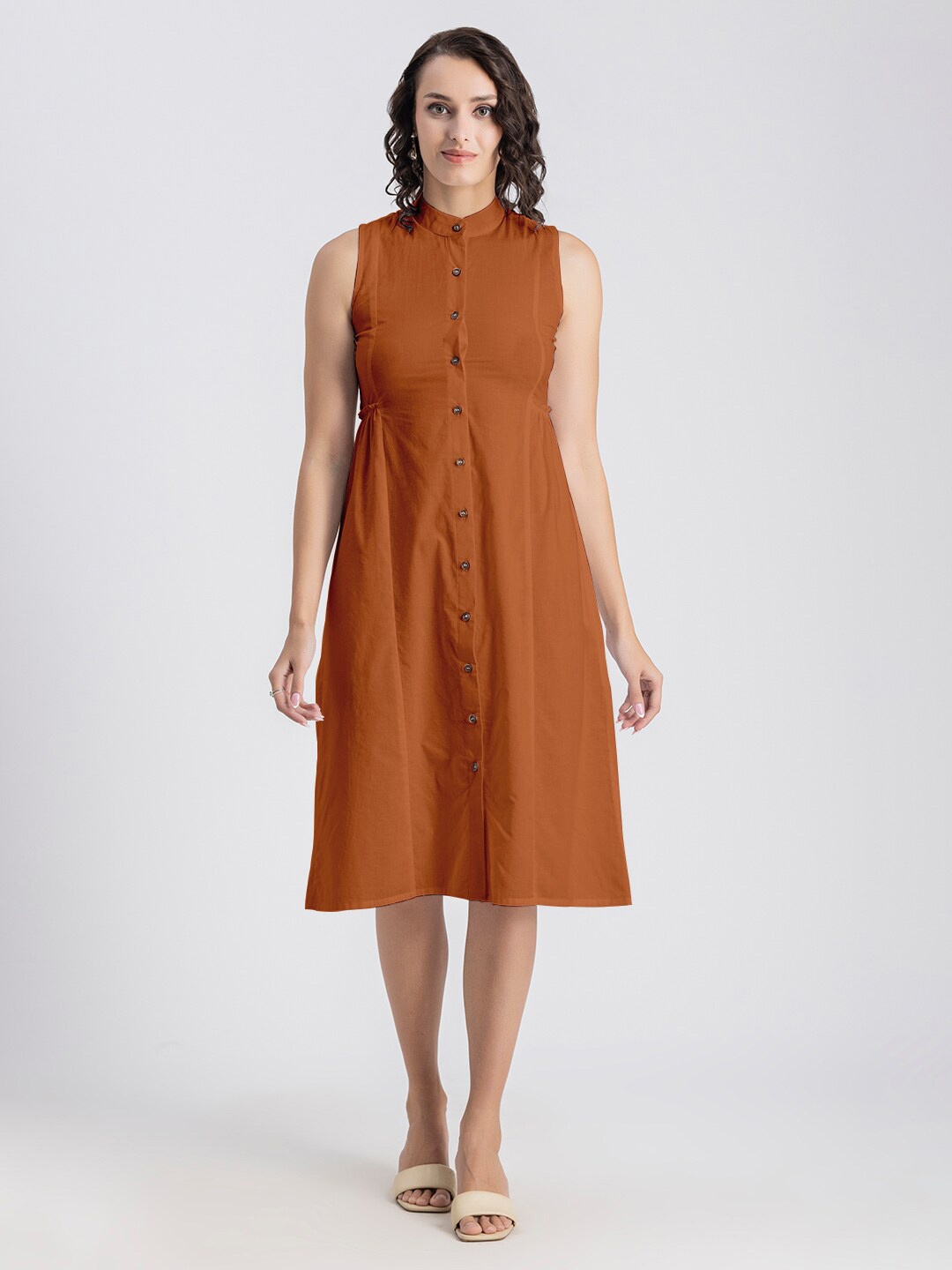 

Moomaya Mandarin Collar Sleeveless Cotton Shirt Dress, Orange