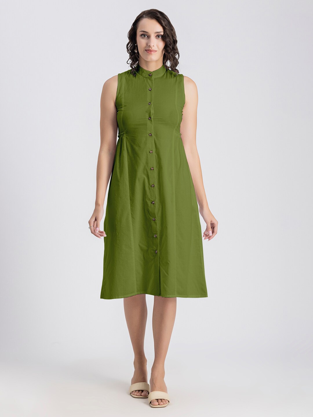 

Moomaya Mandarin Collar Sleeveless Cotton Shirt Dress, Olive