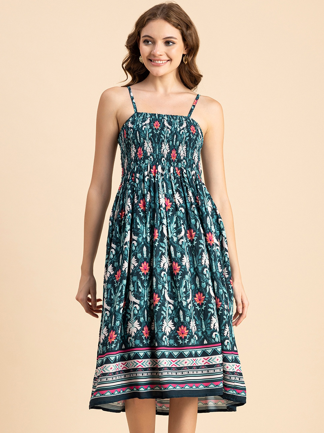 

Moomaya Floral Printed Shoulder Straps Smocked A-Line Dress, Green