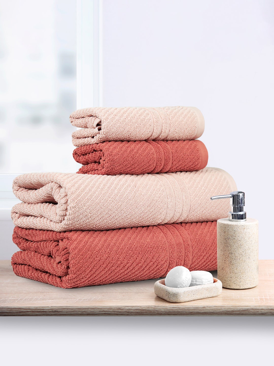 

MYTRIDENT Coral Pink 4 Pieces 500 GSM Pure Cotton Towels