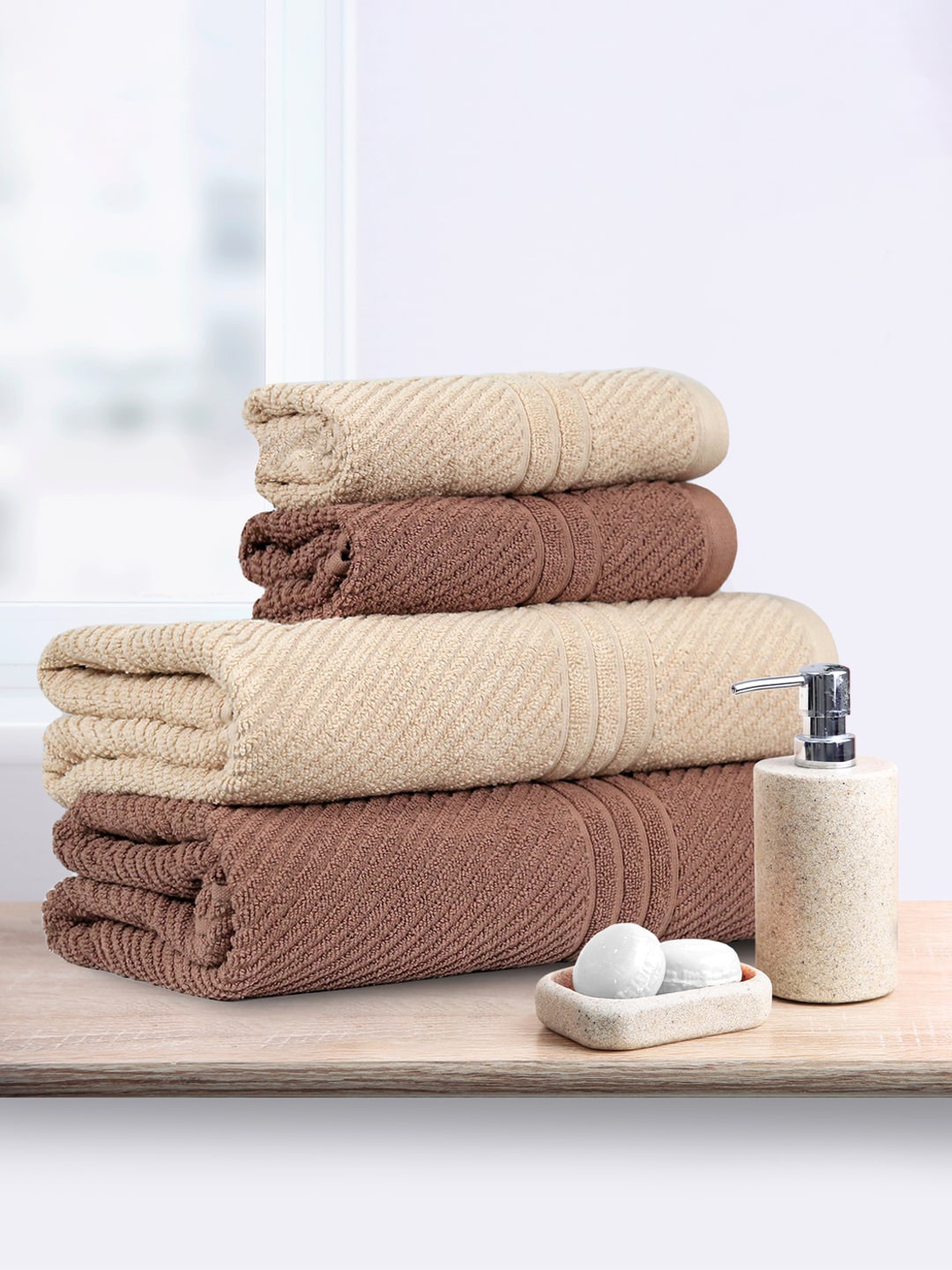 

MYTRIDENT Brown Cream-Coloured 4 Pieces 500 GSM Pure Cotton Towels