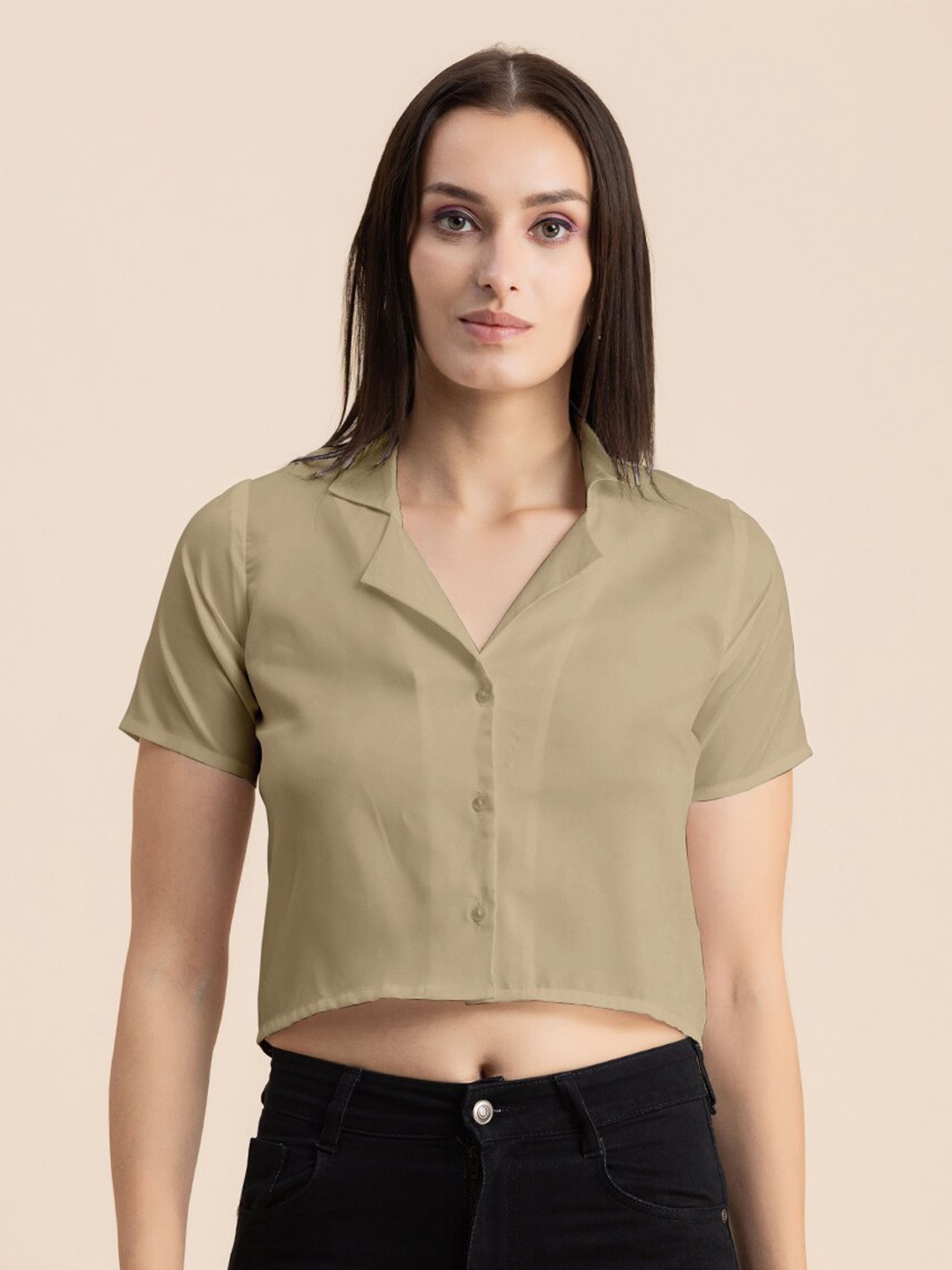

Moomaya Cuban Collar Crop Casual Shirt, Beige