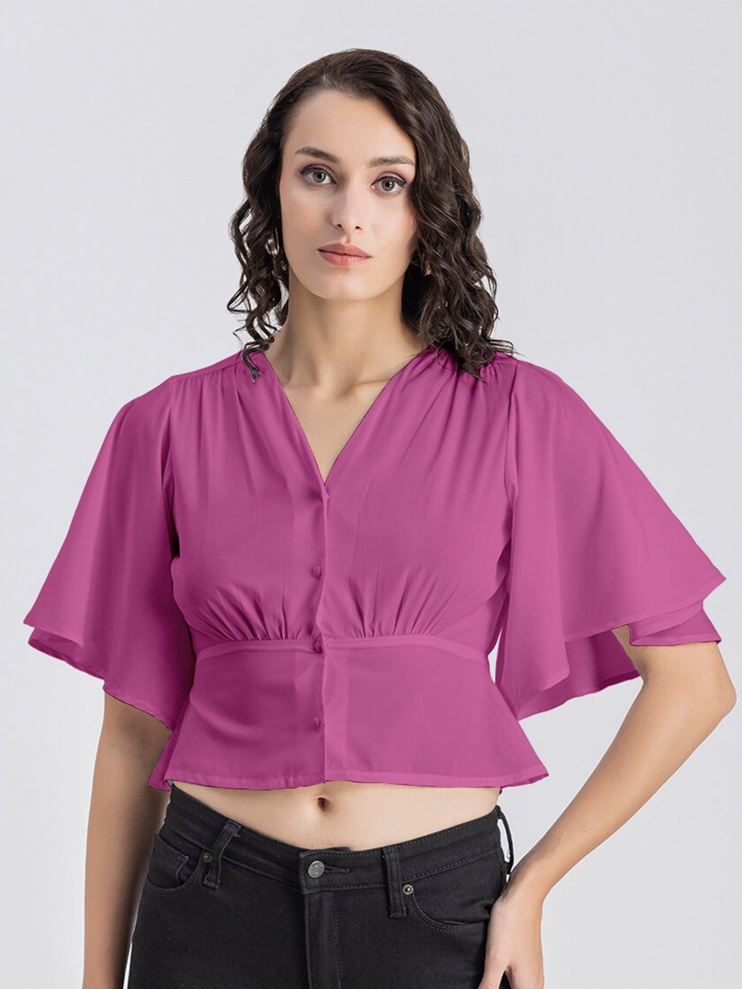 

Moomaya V-Neck Flared Sleeve Crepe Cinched Waist Crop Top, Pink