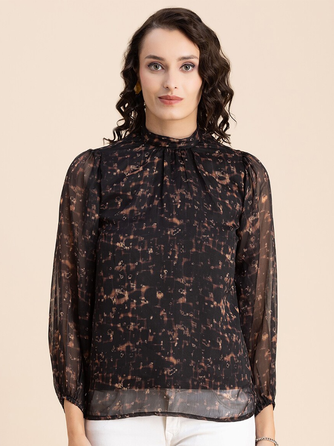 

Moomaya Abstract Printed High Neck Cuffed Sleeves Chiffon Top, Black